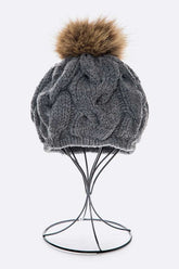 Cotton Cable Knit Large Fur Pom Beanie Artini Accessories CHARCOAL O/S